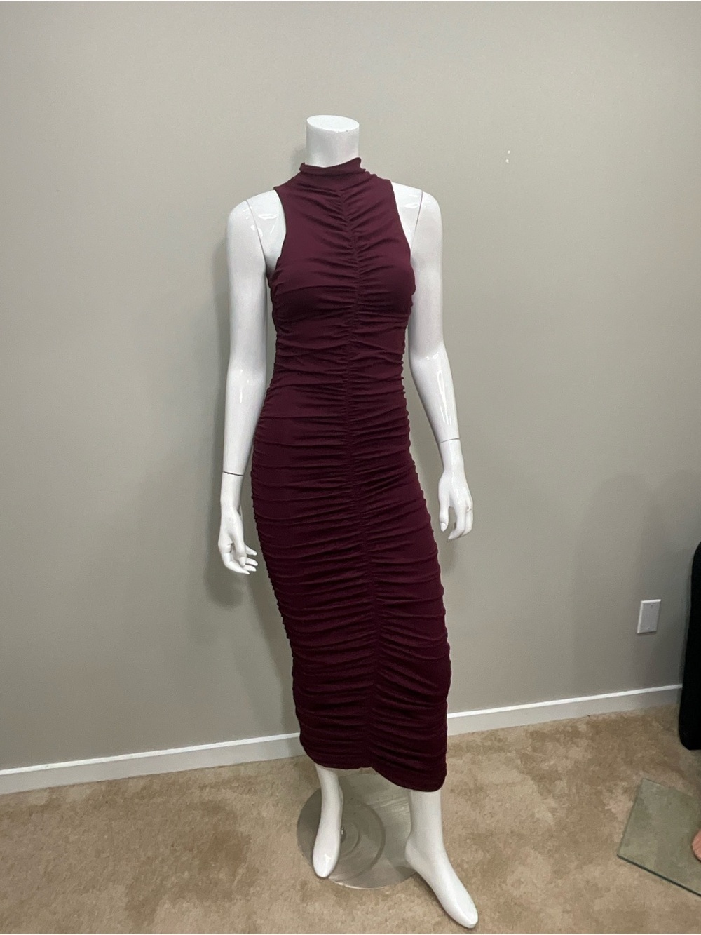 SUSANA MONACO Plum Ruched Sleeveless Mock Neck Bodycon Midi Dress XS